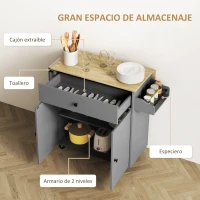 HOMCOM Isla de Cocina con Ala Abatible 2 Puertas Cajón Especiero Toallero y Estante Ajustable 106x42x87 cm Gris y Roble(m-5)