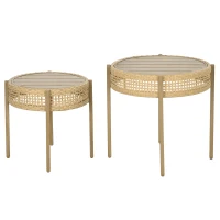 Outsunny Ensemble aus 2 runden Beistelltischen für den Innen- oder Außenbereich - Beistelltische aus PE-Rattan-Effekt im Boho-Stil(m-1)