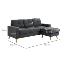 HOMCOM Ecksofa 3-Sitzer und modularer Hocker mit Armlehnen im skandinavischen Design 193 x 136 x 85 cm Anthrazitgrau(m-3)