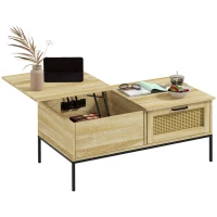 HOMCOM Kaffeetisch mit klappbarem Tablett Wohntisch mit 2 großen Schubladen Stahlgestell 106 x 56,3 x 48 cm Natürliches Holz(m-6)