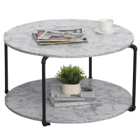 HOMCOM Couchtisch Rund mit Regal Ø 80 x 45H cm Spanplatten Marmorimitat Weiß Metall Schwarz(m-1)