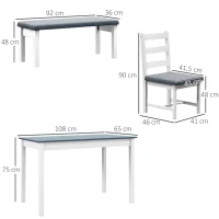 HOMCOM Groupe de sièges, Ensemble de table à manger 4 pièces, 1 Table, 1 Banc, 2 Chaises, Gris + Blanc(m-3)