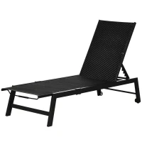 Outsunny Sonnenliege Gartenliege aus PE-Rattan-Geflecht mit Rädern verstellbare Rückenlehne Aluminium Schwarz(m-1)