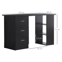 HOMCOM Computertisch Büromöbel 3 Schubladen + 3 Regale Große Arbeitsplatte 120L x 49B x 72H cm MDF Schwarz(m-3)