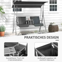 Outsunny Hollywoodschommel, 2-zits, met Dak en Tafel, Metalen Frame, Tot 180 kg, 175x110x165 cm, Zwart(m-5)