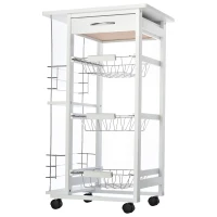 HOMCOM Servierwagen Küchenwagen auf Rollen Multi-Rangements 3 Metallkörbe Schublade + 2 Flaschenhalter Pinienholz Weiß(m-1)