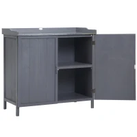 Outsunny Freistehender Gartenschrank-Pflanztisch-Kombination Doppeltür, Regal, verzinkte Metallplatte - grau(m-1)