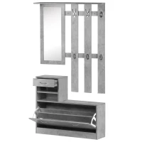 HOMCOM 3-in-1 Eingangsmöbel-Set Garderobe mit Garderobenpaneel, Spiegel und Schuhschrank - 6 Haken und verstellbares Regal, Betoneffekt Grau(m-6)