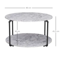 HOMCOM Couchtisch Rund mit Regal Ø 80 x 45H cm Spanplatten Marmorimitat Weiß Metall Schwarz(m-3)