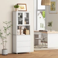 HOMCOM Küchenbuffet Aufbewahrungsschrank 2 Glastüren 3 Schubladen und mittleres Fach 68B x 38T x 172H cm MDF weiß(m-4)