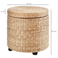 HOMCOM Tabouret de Rangement, Repose-Pieds, Pouf, Boîte de Rangement, Couvercle Amovible, Paille en Rotin, Kaki, Ø43 x 43 cm(m-3)