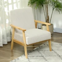 HOMCOM Fauteuil moderne avec accoudoirs, revêtement en tissu, en bois de caoutchouc, fauteuil d'appoint, supporte 120 kg, Crème(m-2)