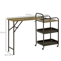 HOMCOM Chariot de Cuisine Chariot de Service avec 1 Table Pliante, 2 Tablettes et 1 Étagère Ouverte Roues Patins de Pied Réglables Panneau de Particules E1 Métal Marron Rustique 118 x 36,5 x 82 cm(m-3)