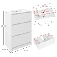 kleankin Badezimmerschrank mit 2 Schubladen und synthetischem Keramikwaschbecken, 61 x 37 x 88 cm, glänzendes Weiß lackiert(m-3)