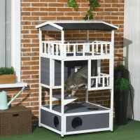 PawHut Maison pour chats en bois de pin avec terrasse, cachette pour chats, 4 étages, villa pour chats avec escalier, toit en asphalte, résistant à l'hiver, maison pour petits animaux, Gris, 75,5 x 75 x 137 cm(m-2)