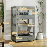 PawHut Czteropoziomowa drewniana klatka dla hamsterów, z chatkami, huśtawkami, miskami do karmienia, rampami, kółkami, 65 x 45 x 109 cm, Szara(m-3)