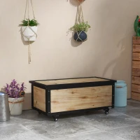 Outsunny Coffre de Rangement de Jardin, 121 Litres, 2 Roues, Résistant aux Intempéries, Charnières en Métal, Bois Naturel, 100x50x43 cm(m-2)