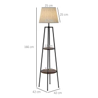 HOMCOM Stehlampe 2 Regale E27 Lampenfassung 40 W Zugschalter Lampenschirm Stoff 42 x 42 x 166 cm Schwarz Braun(m-3)
