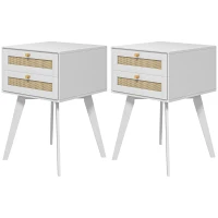 HOMCOM 2er-Set Nachttische Beistelltische 2 Schubladen geflochtene Rattanfronten Boho-Stil 40 x 40 x 60 cm Weiß(m-1)