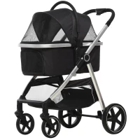 PawHut Poussette pour Chien 2 EN 1, Buggy pour Animaux de Compagnie Pliable, 1 Panier de Rangement, 83 cm x 58 cm x 102 cm, Noir(m-1)