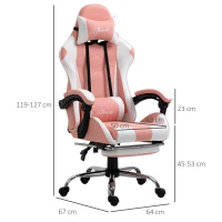 Vinsetto Gaming Stuhl Chaise de Bureau Ergonomique Fauteuil Gamer avec Appui-tête Coussin Lombaire Chaise de Bureau réglable en hauteur Rotative à 360° Mousse Cuir Artificiel PVC Rose+Blanc 64 x 67 x 119-127 cm(m-3)