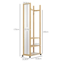 HOMCOM Standspiegel mit Rollen und mehreren Aufbewahrungsmöglichkeiten, 1 Kleiderstange, 3 untere Regale für Schlafzimmer Eingangsbereich, aus Holz(m-3)