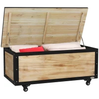 Outsunny Coffre de Rangement de Jardin, 121 Litres, 2 Roues, Résistant aux Intempéries, Charnières en Métal, Bois Naturel, 100x50x43 cm(m-6)