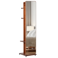 HOMCOM Standspiegel mit Rollen - Kleiderstange, 4 Haken, Regal MDF Nussbaumoptik