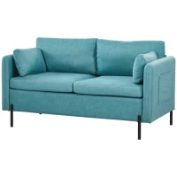 HOMCOM 2-Sitzer-Sofa im zeitgenössischen Stil mit 2 Taschen an den Armlehnen Stahlbeine mit Pulverbeschichtung Stoffbezug Leinenoptik blau(m-1)