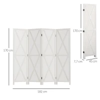 HOMCOM Innenraum-Paravent 4 Paneele Landhausstil Chic - Raumteiler mit Kreuzgittern - Weißes Paulownia-Holz(m-3)
