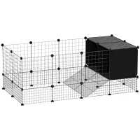 PawHut Cușcă Modulară pentru Animale Mici cu 2 Căsuțe Ridicate, Țarc cu 31 de Panouri, 140x70x52 cm, Negru(m-10)