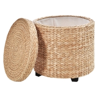 HOMCOM Tabouret de Rangement, Repose-Pieds, Pouf, Boîte de Rangement, Couvercle Amovible, Paille en Rotin, Kaki, Ø43 x 43 cm