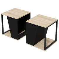 HOMCOM Set von 2 Beistelltischen Sofatisch mit Stauraum Stahlstruktur 40 x 40 x 45 cm Schwarz und Natur(m-1)