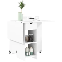 HOMCOM Inklapbare Eettafel voor 2-4 Personen, Opvouwbare Keukentafel met Opbergruimte, Uitschuifbare Tafel op Wielen, Wit(m-1)