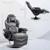 HOMCOM Fauteuil Gaming, Fonction Massage, dossier inclinable, repose-pieds, jusqu'à 120 kg, cadre en acier, simili cuir, Gris(m-3)
