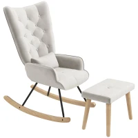 HOMCOM Fauteuil à bascule avec repose-pieds, rembourré, dossier haut, aspect velours, jusqu'à 150 kg, Blanc crème(m-1)