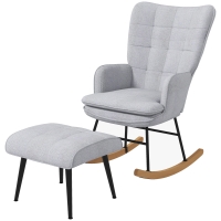 HOMCOM Fauteuil à bascule avec Ottomane design scandinave Fauteuil à bascule avec repose-pieds, bois de hêtre, capitonné, 64 cm x 89 cm x 90 cm Gris