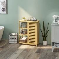 kleankin Armoire de salle de bain en bambou, 3 étagères, 1 armoire avec portes à lattes, naturelle(m-2)