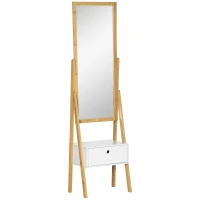 HOMCOM Freistehender Spiegel mit Schubladen-Aufbewahrung aus Bambus und MDF - Maße 45L x 30B x 160H cm - Weiß und Natur(m-6)