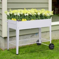 Outsunny Potager surélevé, Chariot de plantation mobile avec espace de stockage, Jardinière avec 2 roues, Métal, Blanc, 112 x 59 x 80 cm(m-2)