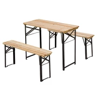 Outsunny Faltbarer Campingtisch mit Picknicktisch + 2 klappbare Bänke aus epoxidbeschichtetem Metall Schwarz Massivholz Fichte(m-6)