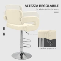 HOMCOM Sgabello da Bar Alto con Schienale e Braccioli, Sgabello da Cucina Moderno Girevole con Altezza Regolabile e Poggiapiedi, in Finta Pelle, 61x50x94-114cm, Bianco(m-4)