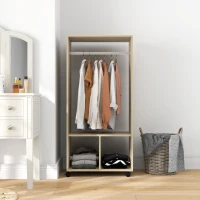 HOMCOM Schrank mit Regal 2 Fächer Kleiderstange 4 schwenkbare Rollen Maße 60L x 40B x 128H cm Naturholz(m-5)