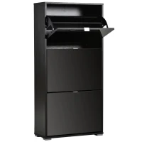 HOMCOM Schuhschrank Schuhkommode 3 aufklappbare Türen 3 Fächer Holz 60B x 26T x 124H cm Schwarz lackiert(m-1)