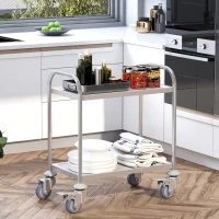 HOMCOM Servierwagen Küchenwagen mit Rollen 2 Regale 71L x 41B x 81H cm aus verchromtem Edelstahl(m-2)