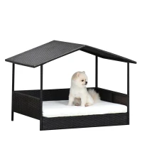 PawHut Maison pour Chien en Rotin avec Coussin, Lit pour Chien en Forme de Maison, Chenil pour Chien en Plein Air, Cadre en Acier, Plastique, Marron Café, 69 x 98 x 70 cm(m-1)