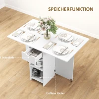 HOMCOM Inklapbare Eettafel voor 2-4 Personen, Opvouwbare Keukentafel met Opbergruimte, Uitschuifbare Tafel op Wielen, Wit(m-5)