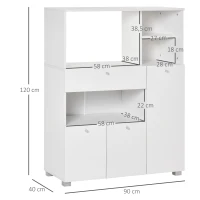 HOMCOM Mikrowellenmöbel Küchenschrank Küchenaufbewahrungsbuffet mit 2 Schränken, 4 Fächern, Schublade, 90L x 40B x 120H cm in Weißem Holz(m-3)