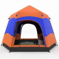 Outsunny Tente Quick-Up Double Paroi Tente Familiale de Camping Pop-Up pour 4 à 6 Personnes 4 Saisons étanche avec Sac de Transport Moustiquaire 2 Portes Polyester + Fibre de Verre Orange + Bleu 275 x 275 x 170 cm(m-5)
