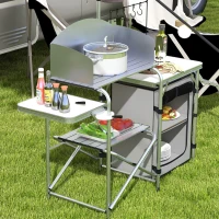 Outsunny Cuisine de camping, pliable, 3 plateaux de travail, pare-brise, armoire en tissu, 144x48x119cm, Argent(m-4)